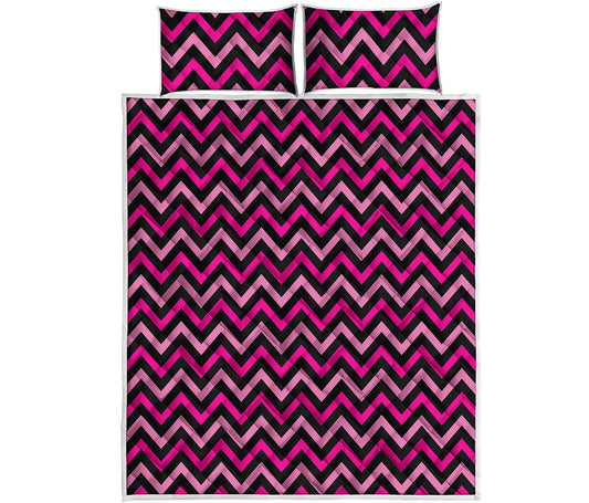 Hot Pink And Black Chevron Pattern Print Quilt Bed Set