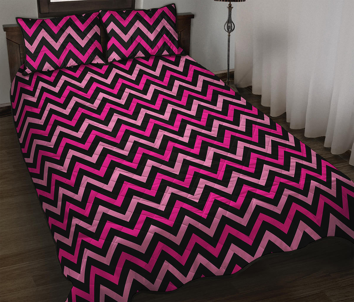Hot Pink And Black Chevron Pattern Print Quilt Bed Set