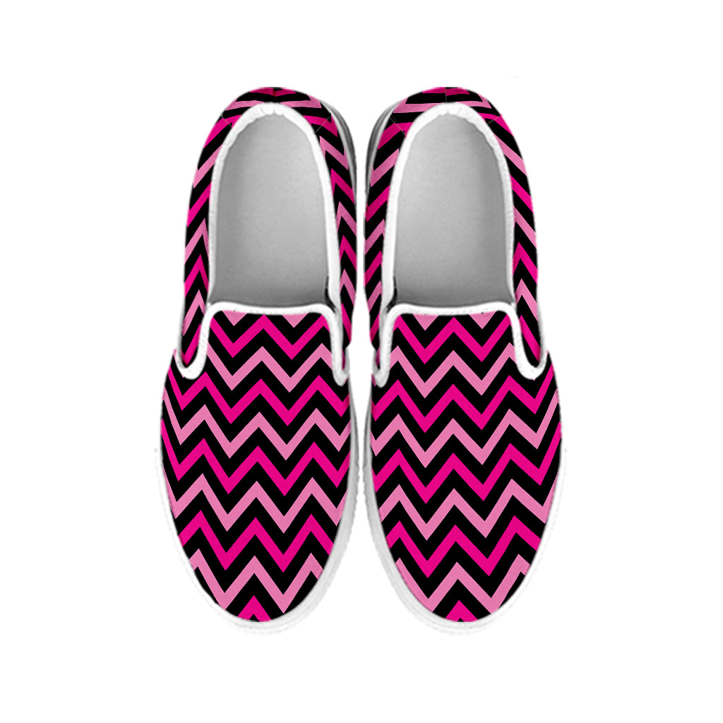 Hot Pink And Black Chevron Pattern Print White Slip On Shoes