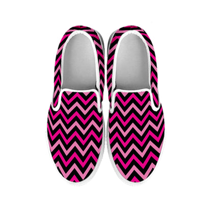 Hot Pink And Black Chevron Pattern Print White Slip On Shoes