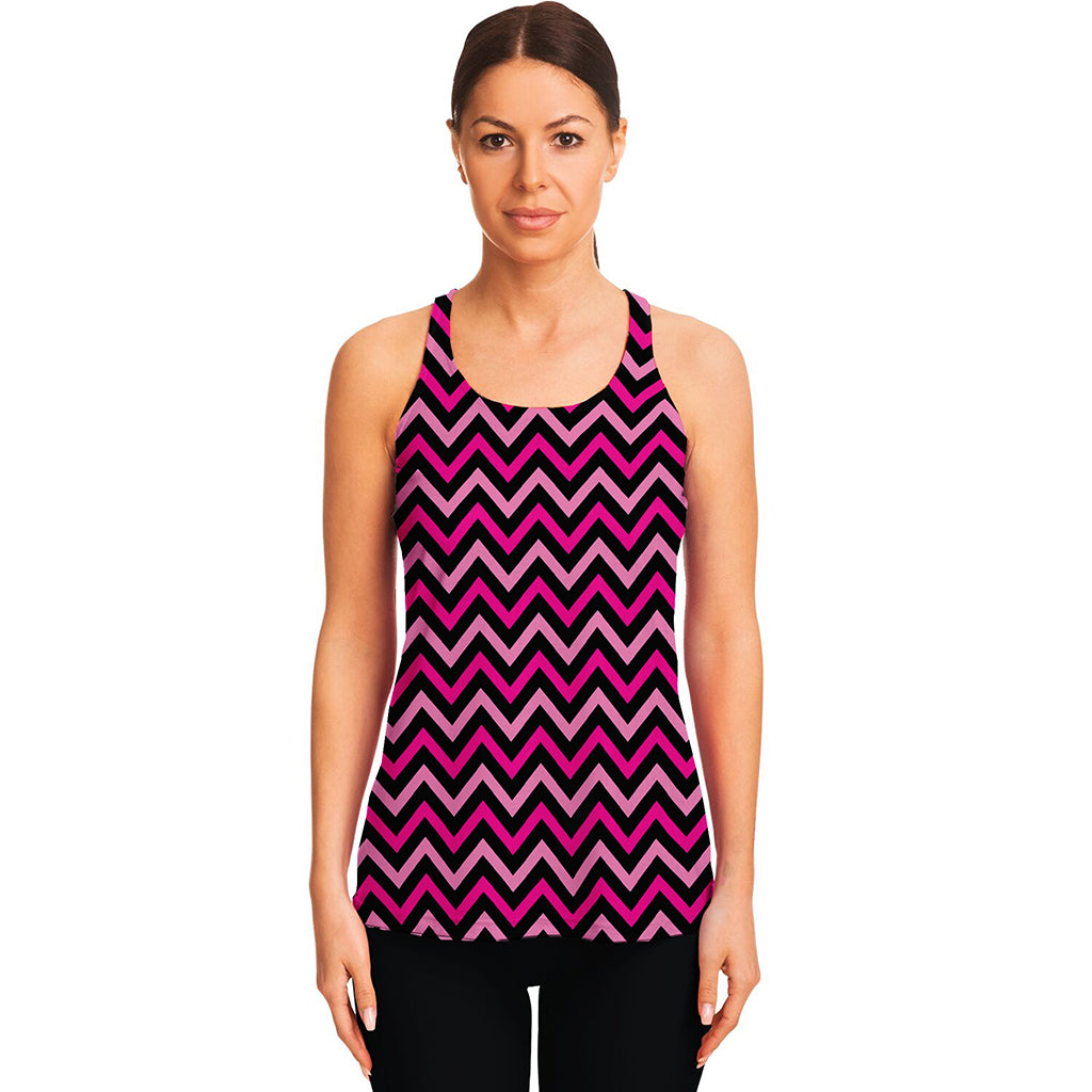 Hot Pink And Black Chevron Pattern Print Women's Racerback Tank Top