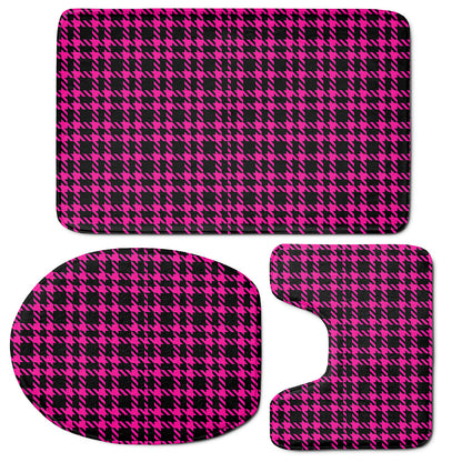 Hot Pink And Black Houndstooth Print 3 Piece Bath Mat Set