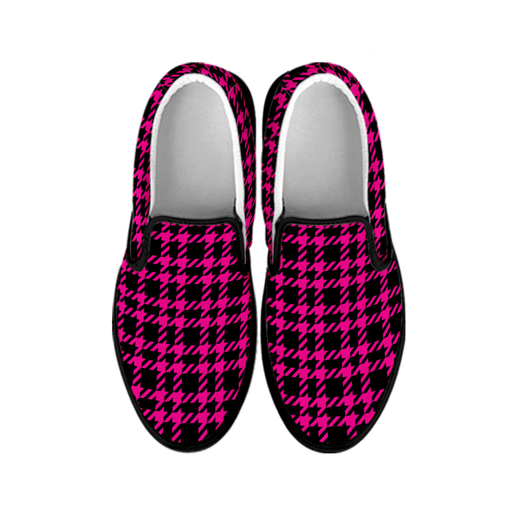 Hot Pink And Black Houndstooth Print Black Slip On Shoes