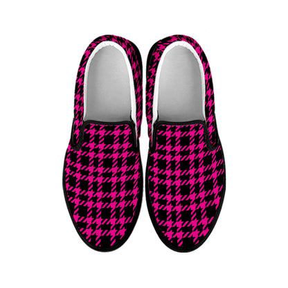 Hot Pink And Black Houndstooth Print Black Slip On Shoes
