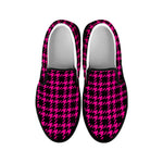 Hot Pink And Black Houndstooth Print Black Slip On Shoes