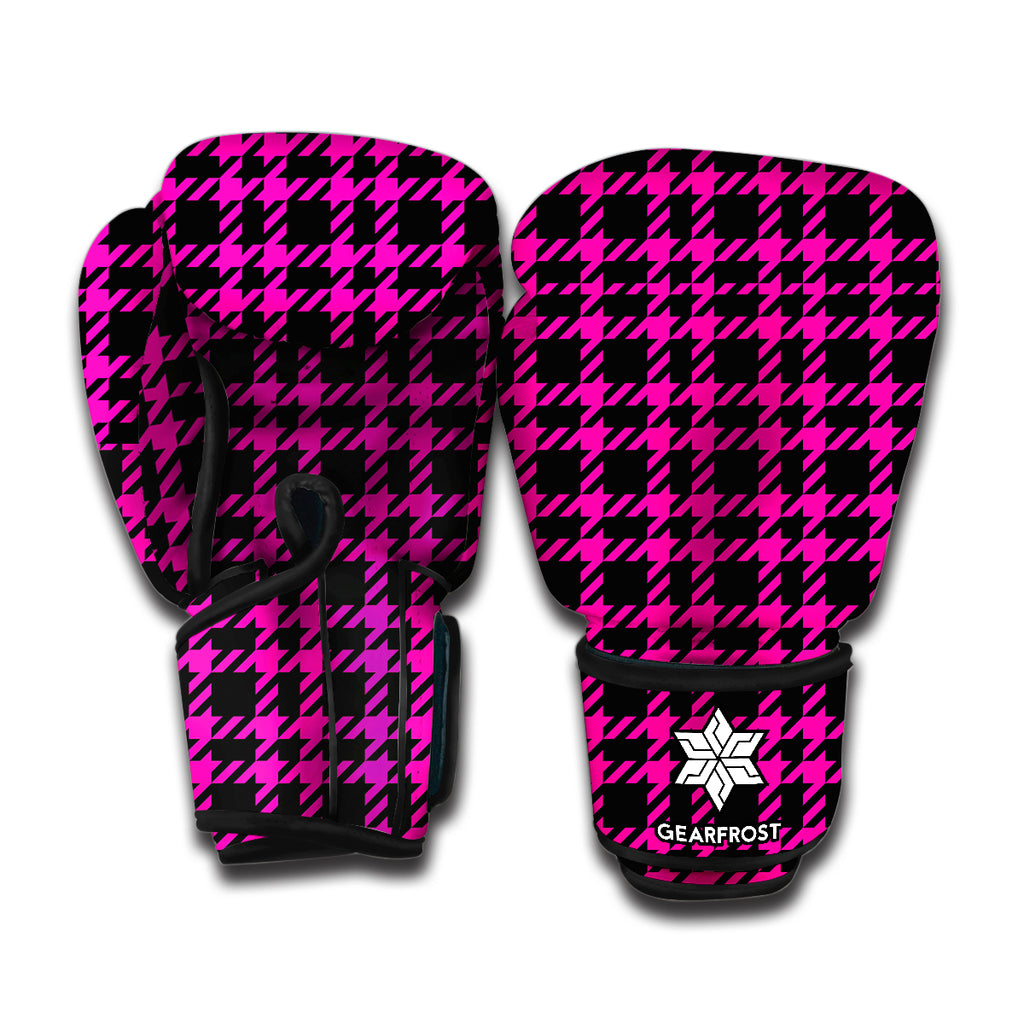 Hot Pink And Black Houndstooth Print Boxing Gloves