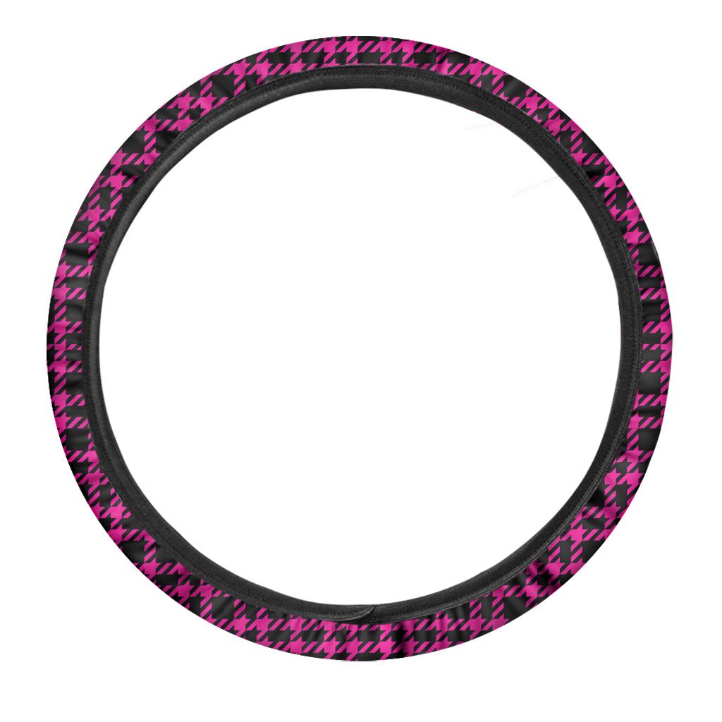 Hot Pink And Black Houndstooth Print Car Steering Wheel Cover
