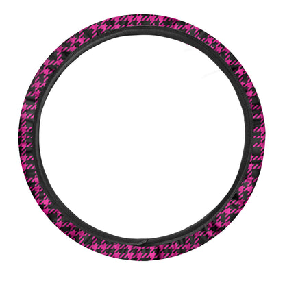 Hot Pink And Black Houndstooth Print Car Steering Wheel Cover