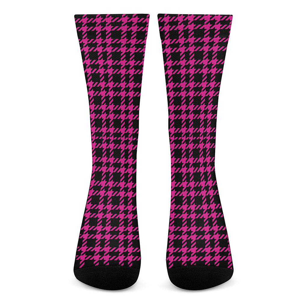 Hot Pink And Black Houndstooth Print Crew Socks
