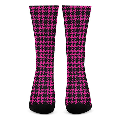 Hot Pink And Black Houndstooth Print Crew Socks