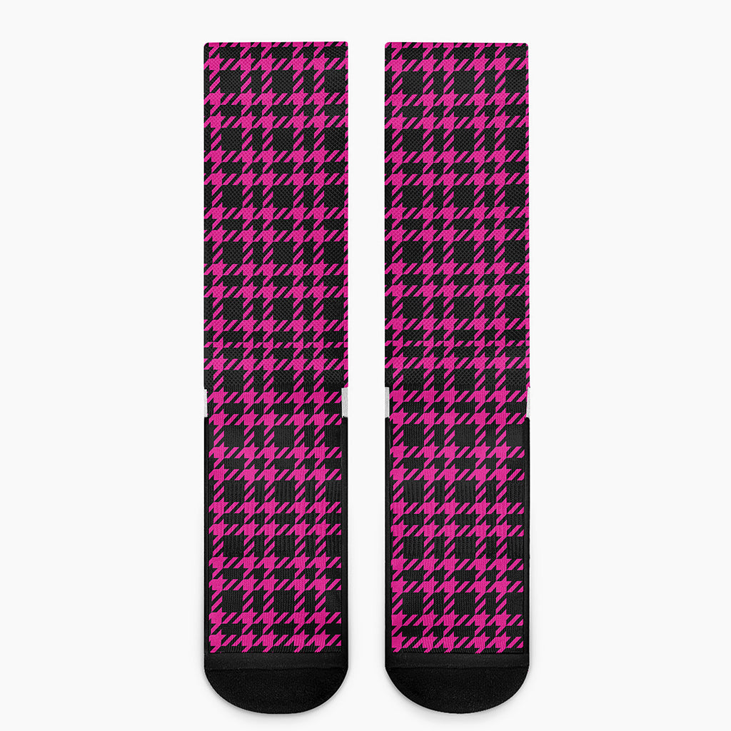 Hot Pink And Black Houndstooth Print Crew Socks