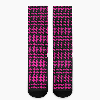 Hot Pink And Black Houndstooth Print Crew Socks
