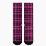 Hot Pink And Black Houndstooth Print Crew Socks
