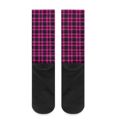 Hot Pink And Black Houndstooth Print Crew Socks