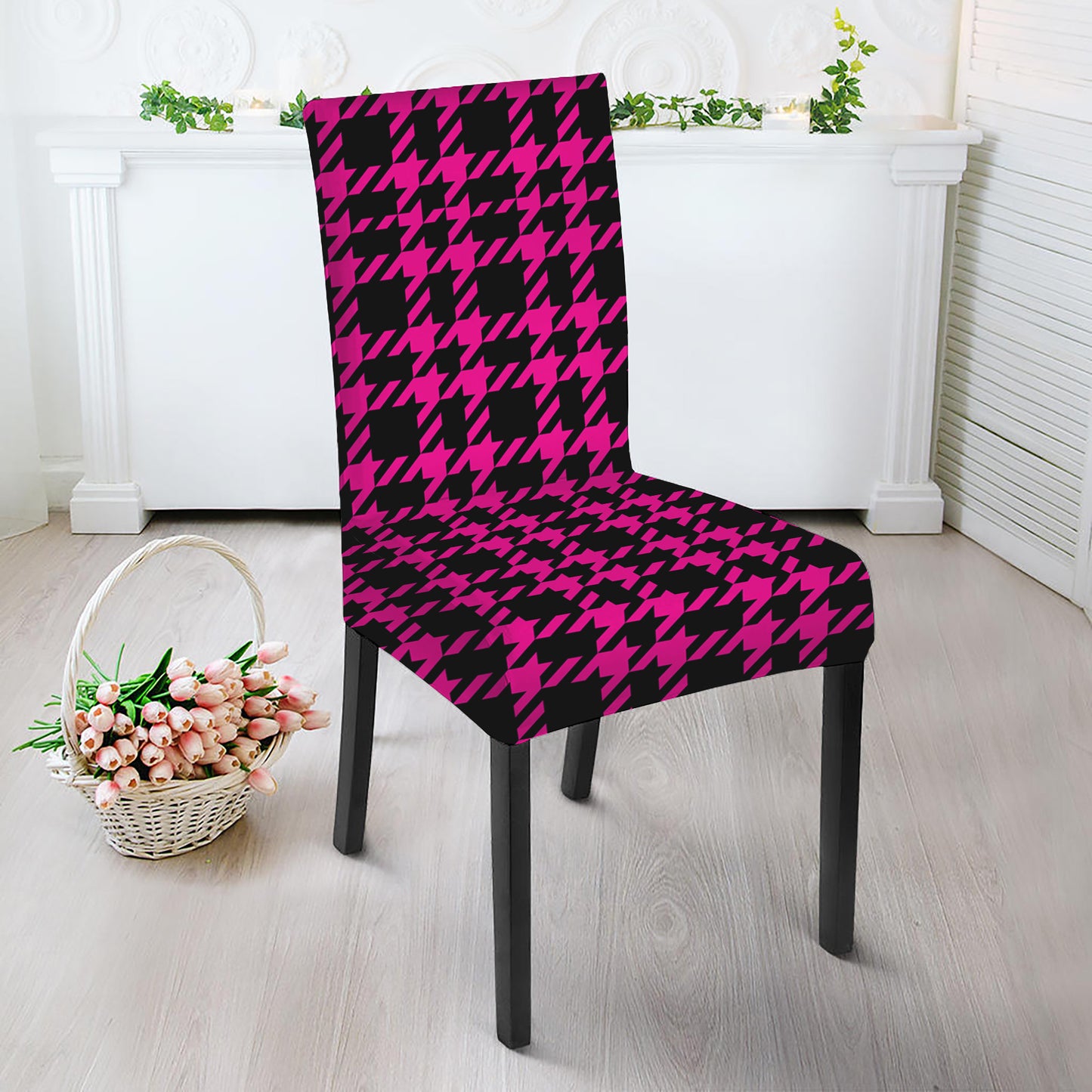 Hot Pink And Black Houndstooth Print Dining Chair Slipcover