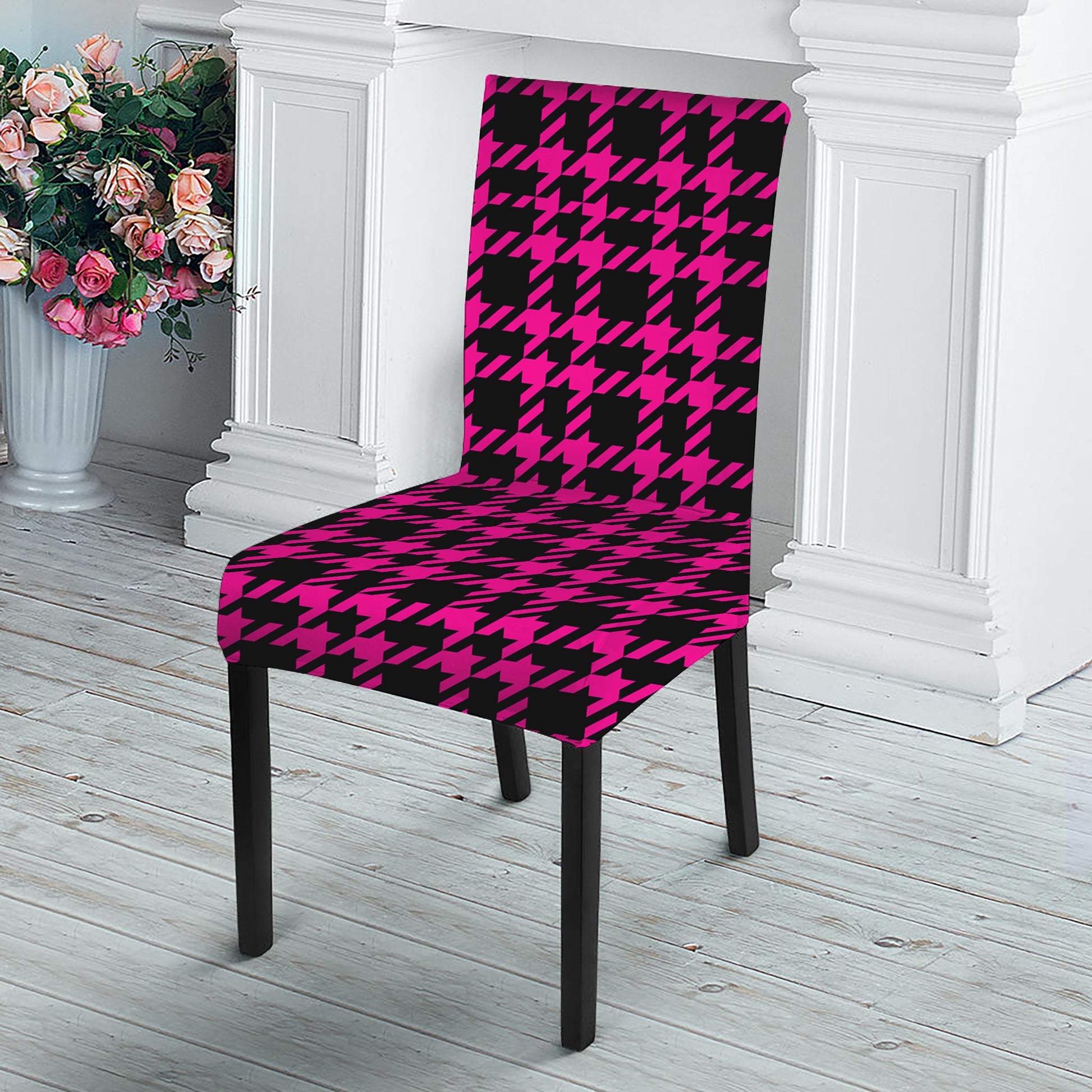 Hot Pink And Black Houndstooth Print Dining Chair Slipcover