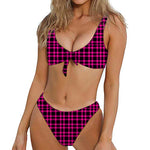 Hot Pink And Black Houndstooth Print Front Bow Tie Bikini
