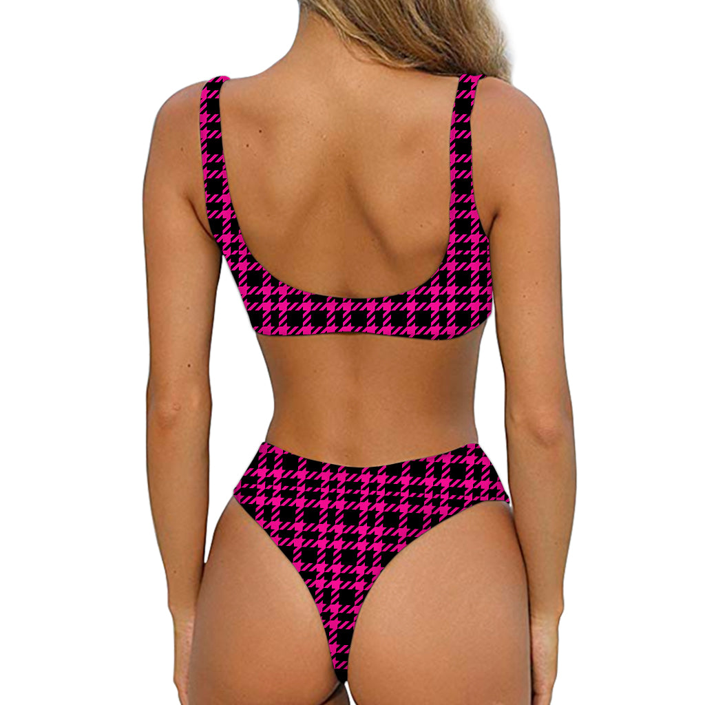 Hot Pink And Black Houndstooth Print Front Bow Tie Bikini