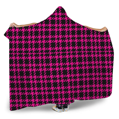 Hot Pink And Black Houndstooth Print Hooded Blanket
