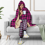 Hot Pink And Black Houndstooth Print Hooded Blanket