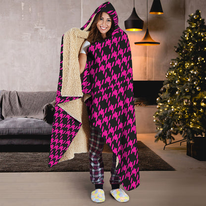 Hot Pink And Black Houndstooth Print Hooded Blanket