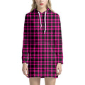 Hot Pink And Black Houndstooth Print Pullover Hoodie Dress