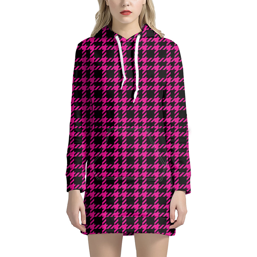 Hot Pink And Black Houndstooth Print Hoodie Dress