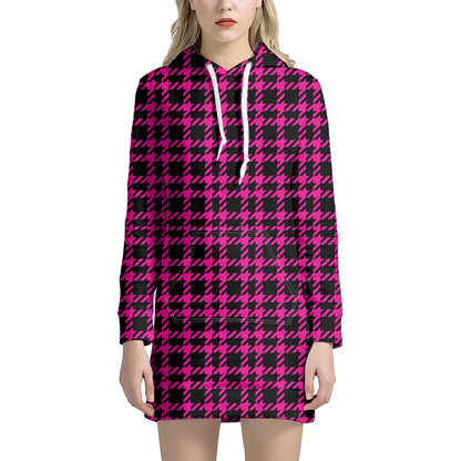Hot Pink And Black Houndstooth Print Hoodie Dress