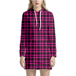 Hot Pink And Black Houndstooth Print Hoodie Dress