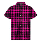 Hot Pink And Black Houndstooth Print Men's Short Sleeve Shirt