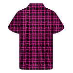 Hot Pink And Black Houndstooth Print Men's Short Sleeve Shirt