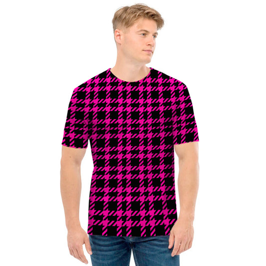 Hot Pink And Black Houndstooth Print Men's T-Shirt