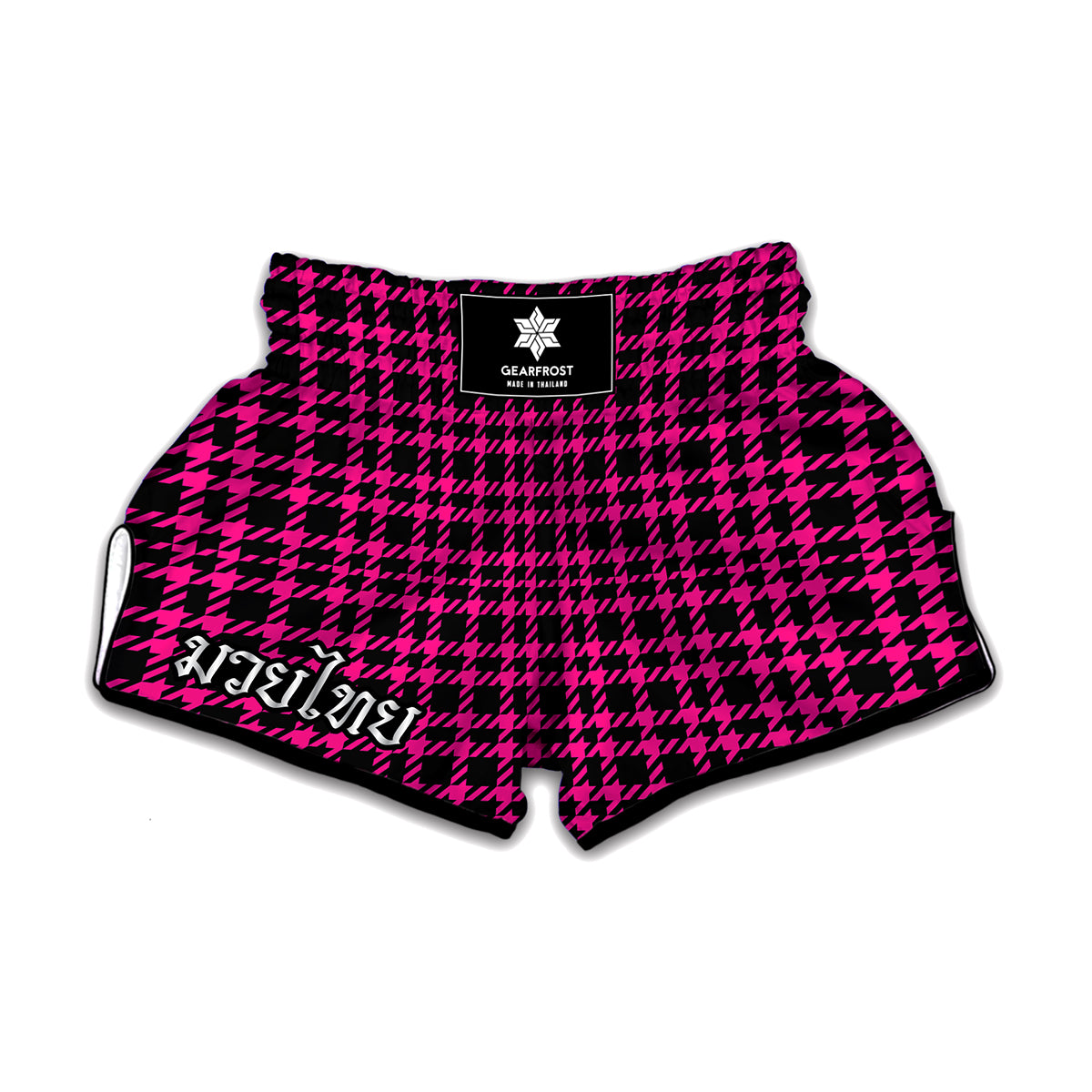 Hot Pink And Black Houndstooth Print Muay Thai Boxing Shorts