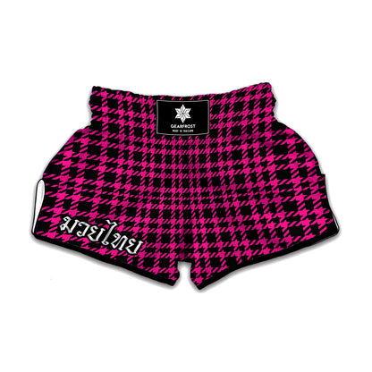 Hot Pink And Black Houndstooth Print Muay Thai Boxing Shorts