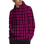 Hot Pink And Black Houndstooth Print Pullover Hoodie