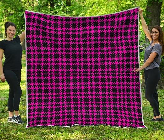 Hot Pink And Black Houndstooth Print Quilt
