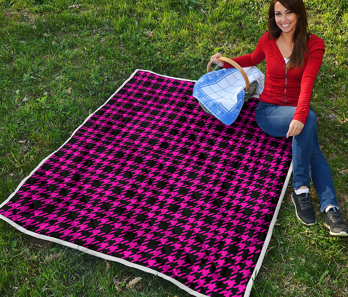 Hot Pink And Black Houndstooth Print Quilt