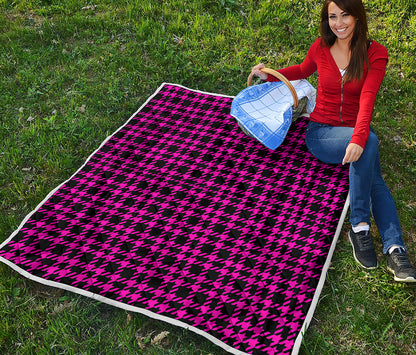 Hot Pink And Black Houndstooth Print Quilt