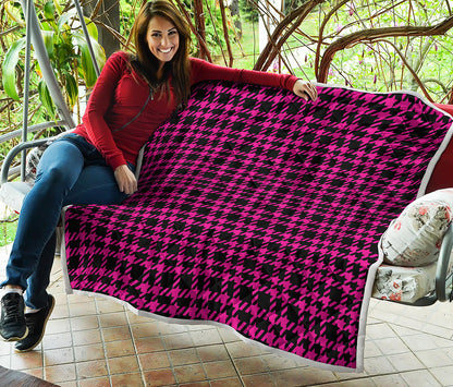 Hot Pink And Black Houndstooth Print Quilt