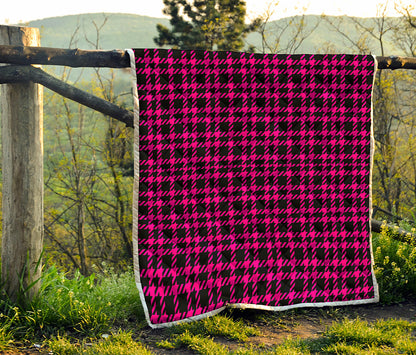 Hot Pink And Black Houndstooth Print Quilt