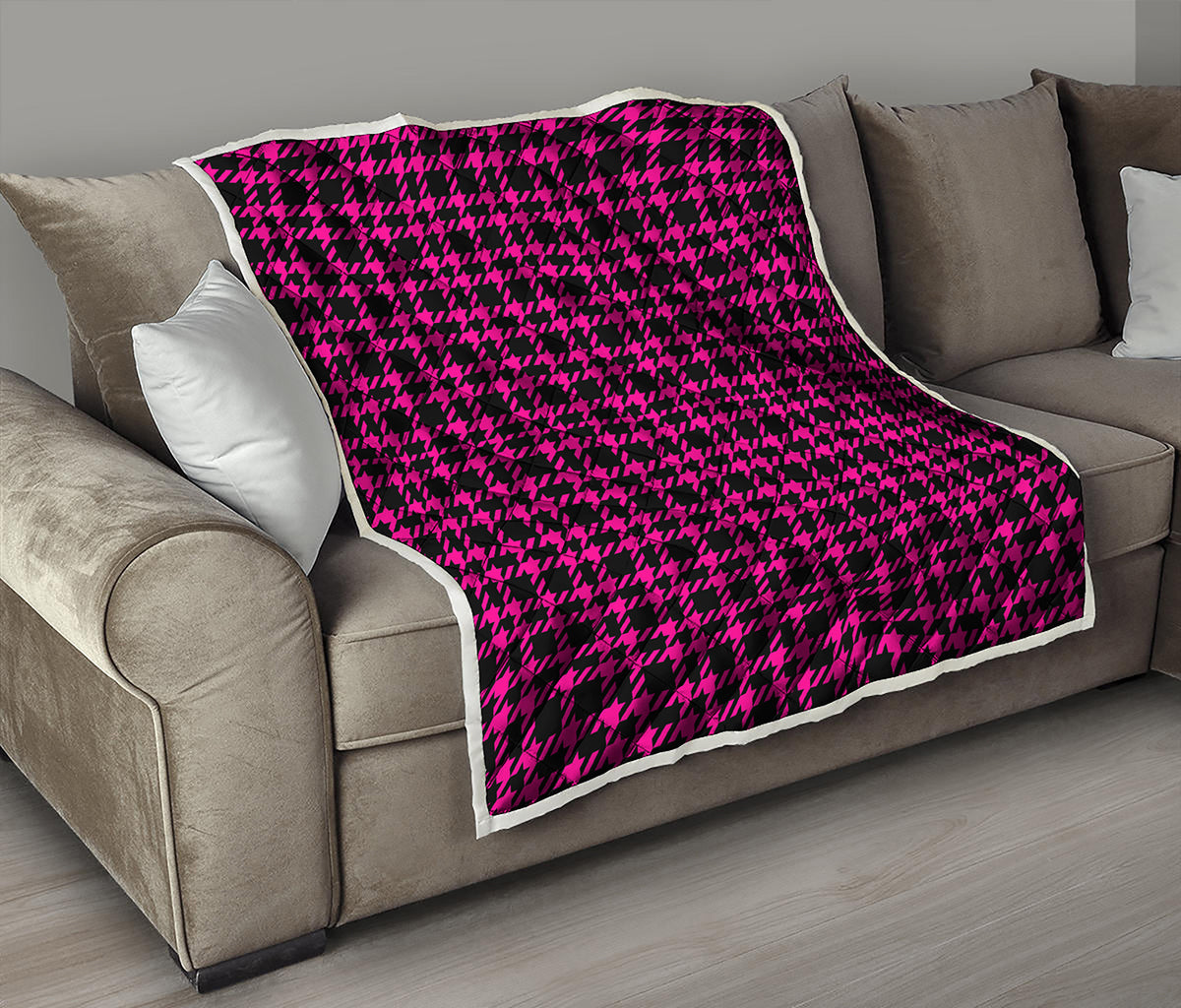 Hot Pink And Black Houndstooth Print Quilt