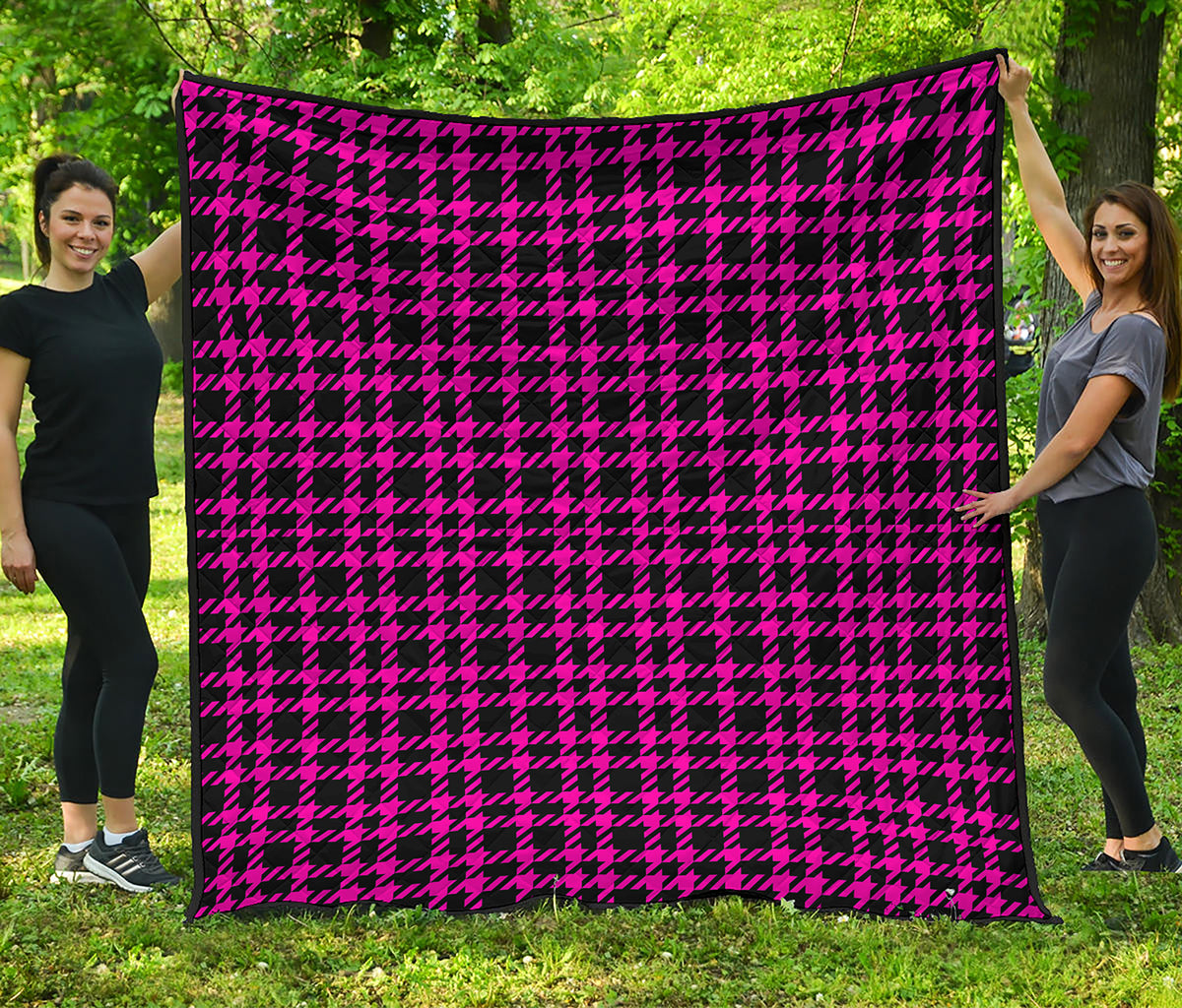Hot Pink And Black Houndstooth Print Quilt