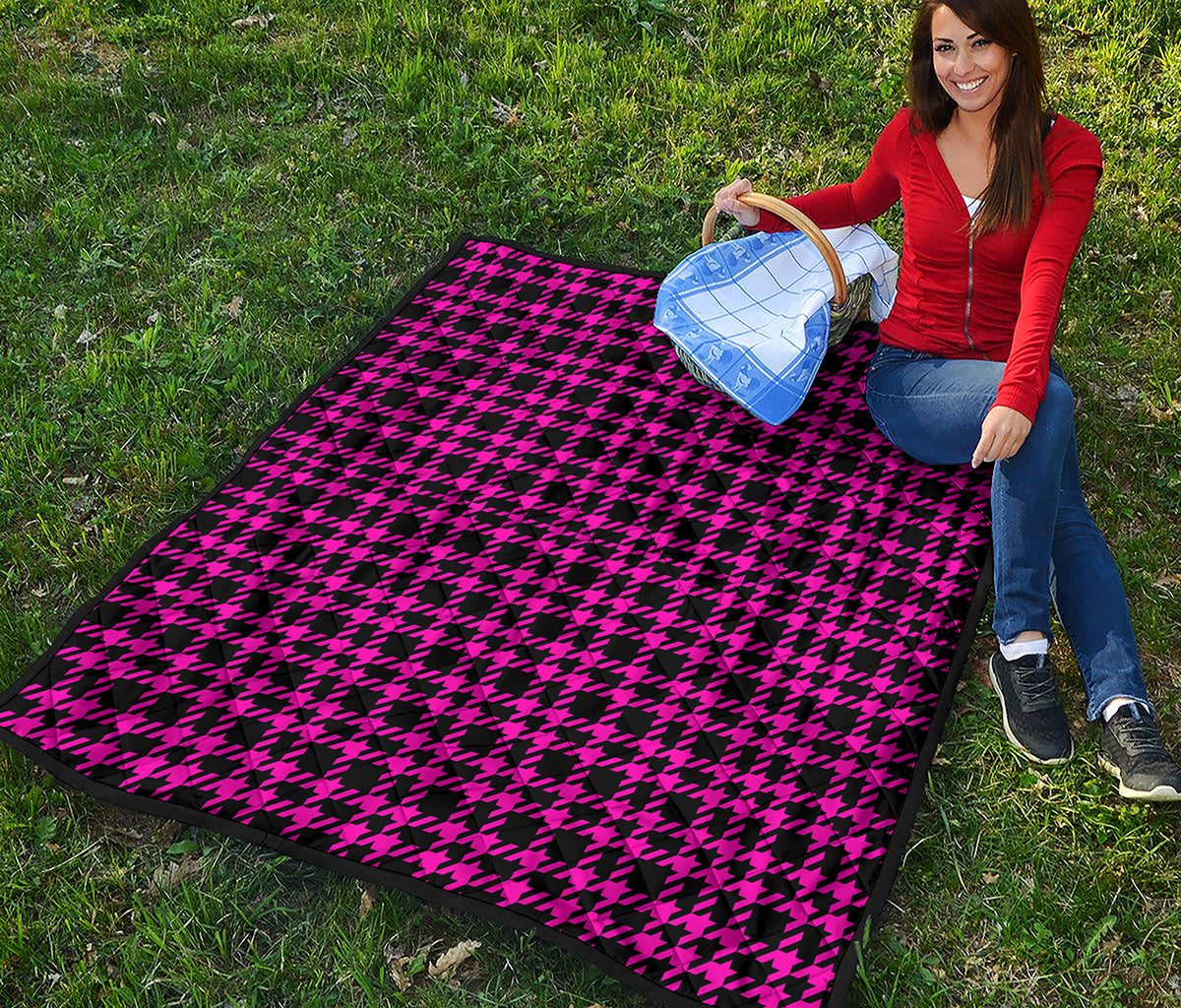 Hot Pink And Black Houndstooth Print Quilt