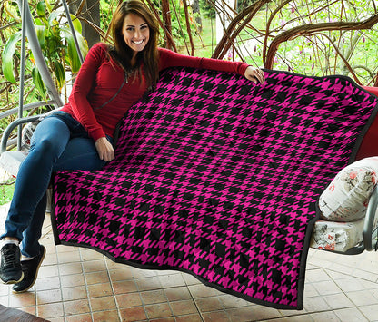 Hot Pink And Black Houndstooth Print Quilt