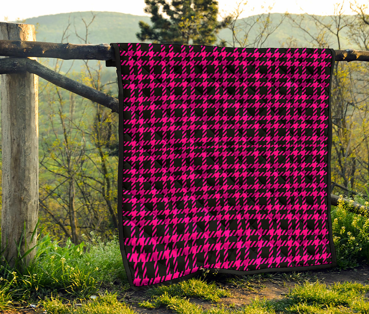 Hot Pink And Black Houndstooth Print Quilt
