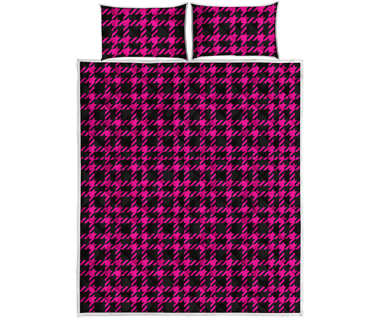 Hot Pink And Black Houndstooth Print Quilt Bed Set
