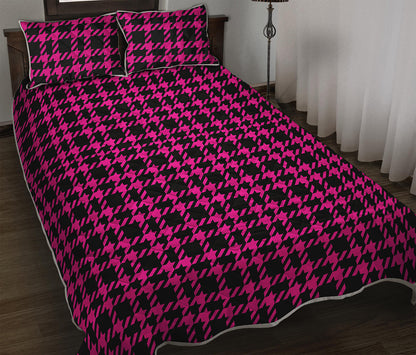 Hot Pink And Black Houndstooth Print Quilt Bed Set