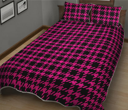 Hot Pink And Black Houndstooth Print Quilt Bed Set
