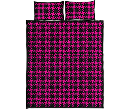 Hot Pink And Black Houndstooth Print Quilt Bed Set
