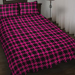 Hot Pink And Black Houndstooth Print Quilt Bed Set